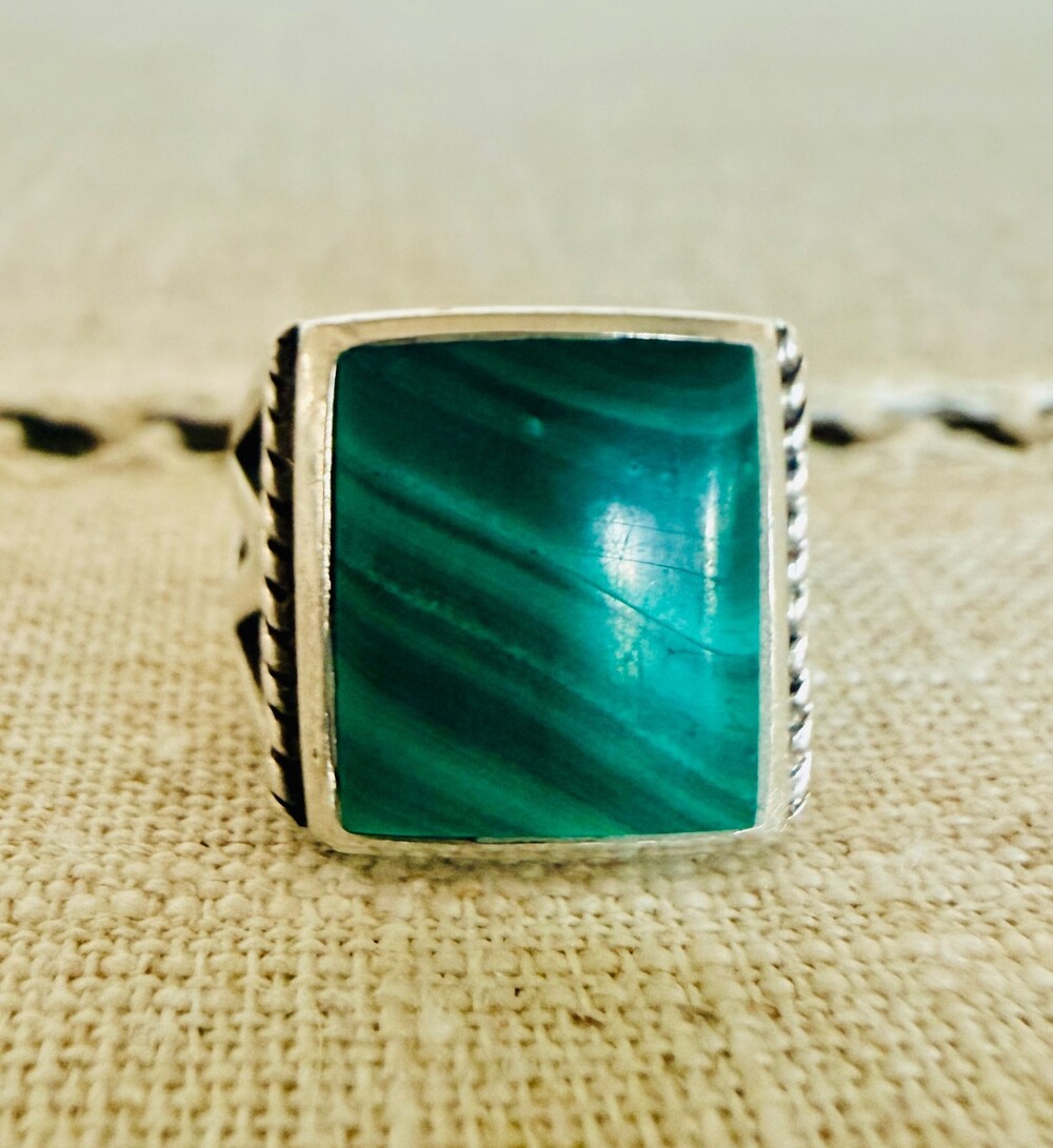 Sterling Silver Large Square Malachite Ring Southwestern Size 7 Statement